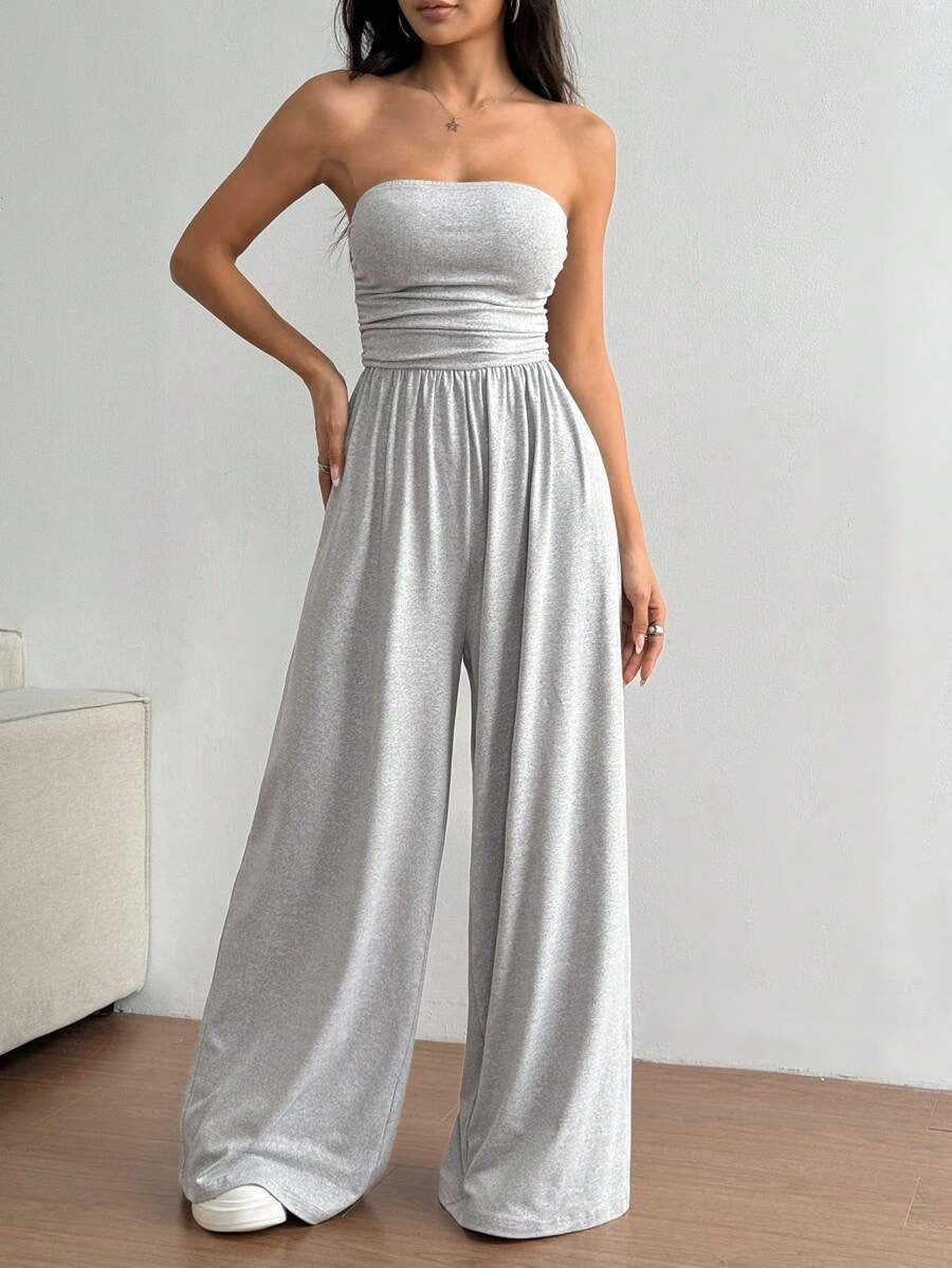 Women High Waisted Wide Leg Pants with Tube Top - Casual Versatile Elegant Commuter Set Solid Color
