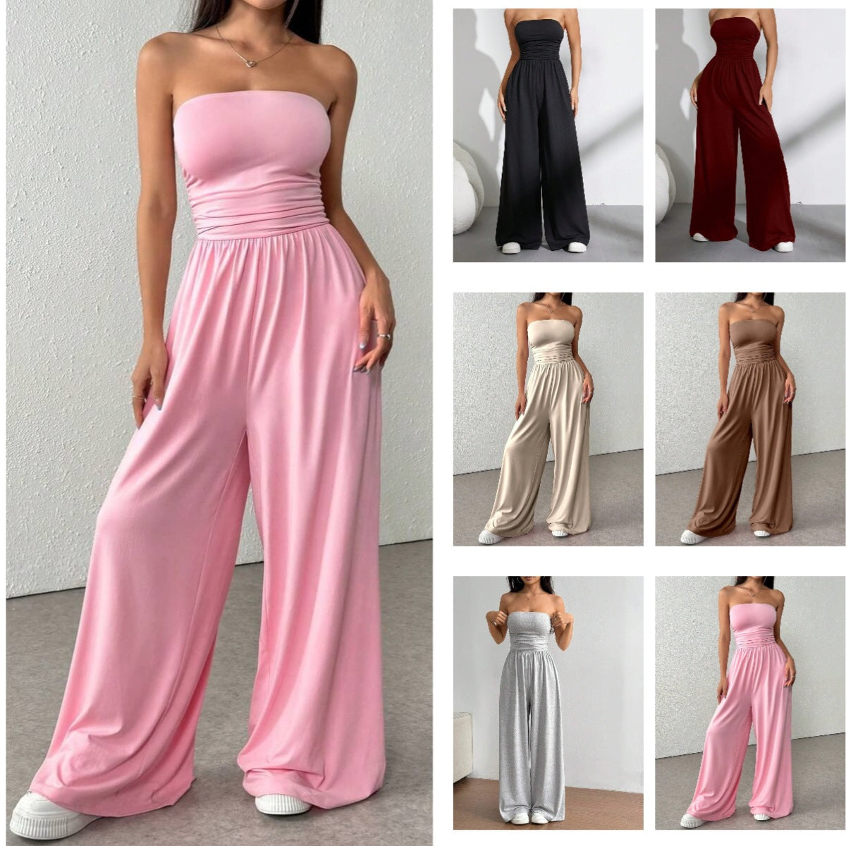 Women High Waisted Wide Leg Pants with Tube Top - Casual Versatile Elegant Commuter Set Solid Color
