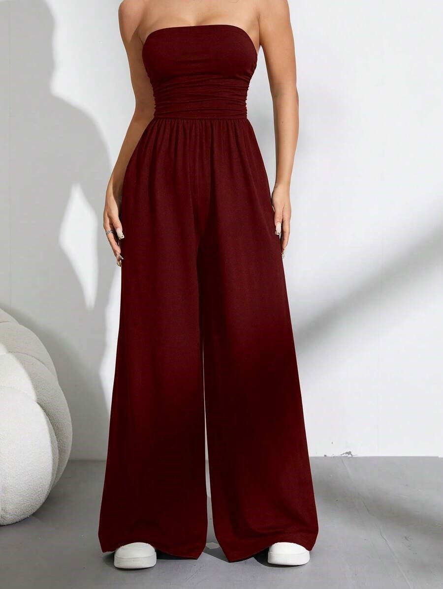 Women High Waisted Wide Leg Pants with Tube Top - Casual Versatile Elegant Commuter Set Solid Color