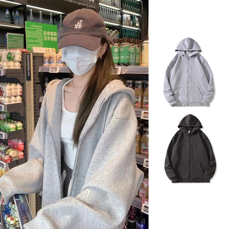 Women Korean Style Loose Fit Cardigan Sports Top Long Sleeve Solid Color Medium Length Casual Top for Students