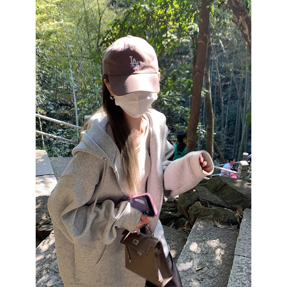 Women Korean Style Loose Fit Cardigan Sports Top Long Sleeve Solid Color Medium Length Casual Top for Students
