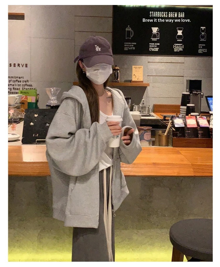 Women Korean Style Loose Fit Cardigan Sports Top Long Sleeve Solid Color Medium Length Casual Top for Students