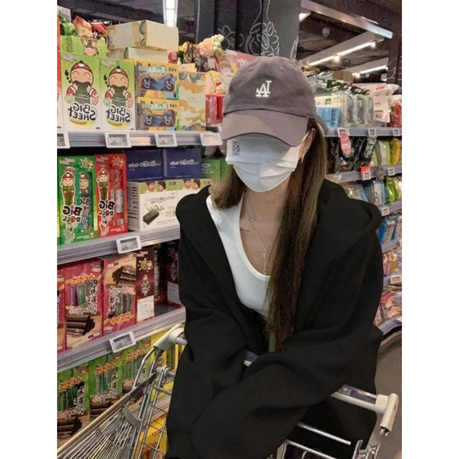 Women Korean Style Loose Fit Cardigan Sports Top Long Sleeve Solid Color Medium Length Casual Top for Students