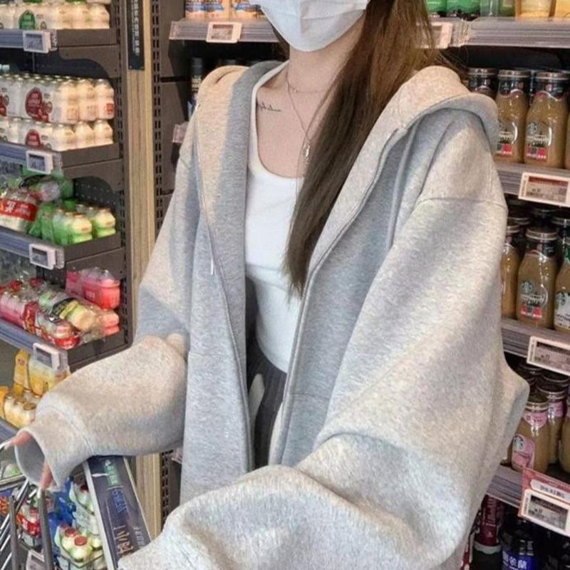 Women Korean Style Loose Fit Cardigan Sports Top Long Sleeve Solid Color Medium Length Casual Top for Students