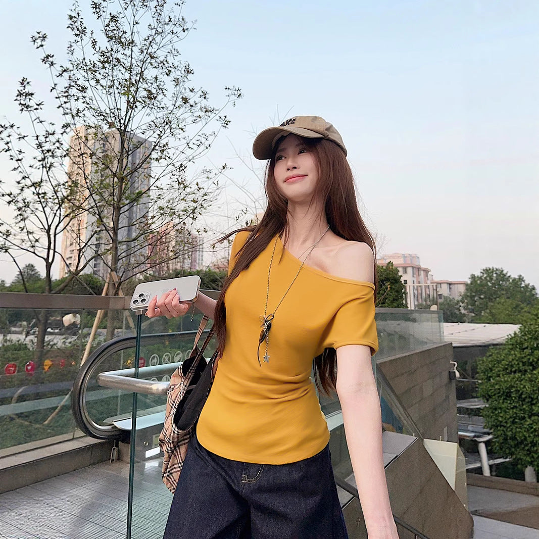 Women Off-Shoulder Short Sleeve T-Shirt - Fitted Waist Milk Silk Top Solid Color