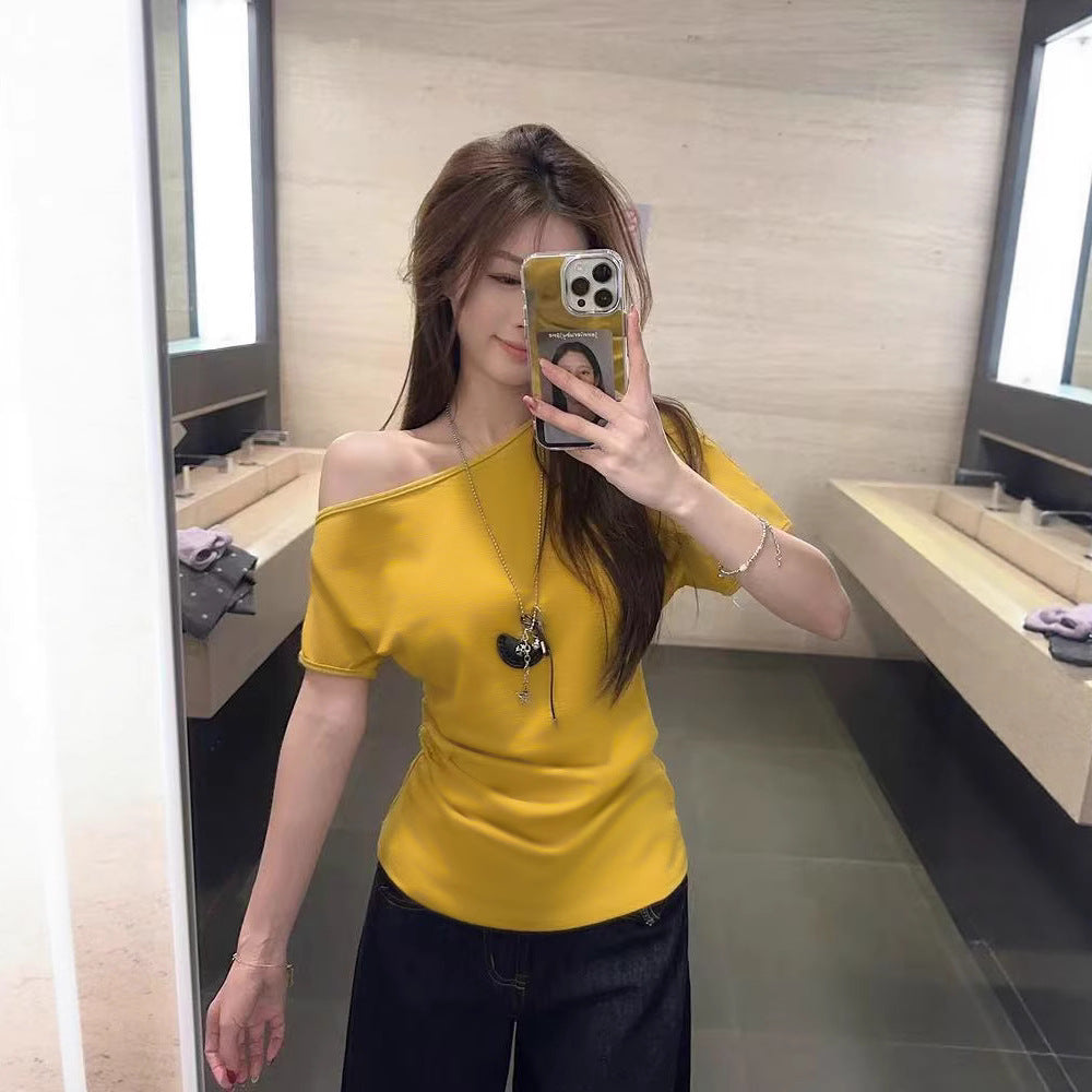 Women Off-Shoulder Short Sleeve T-Shirt - Fitted Waist Milk Silk Top Solid Color