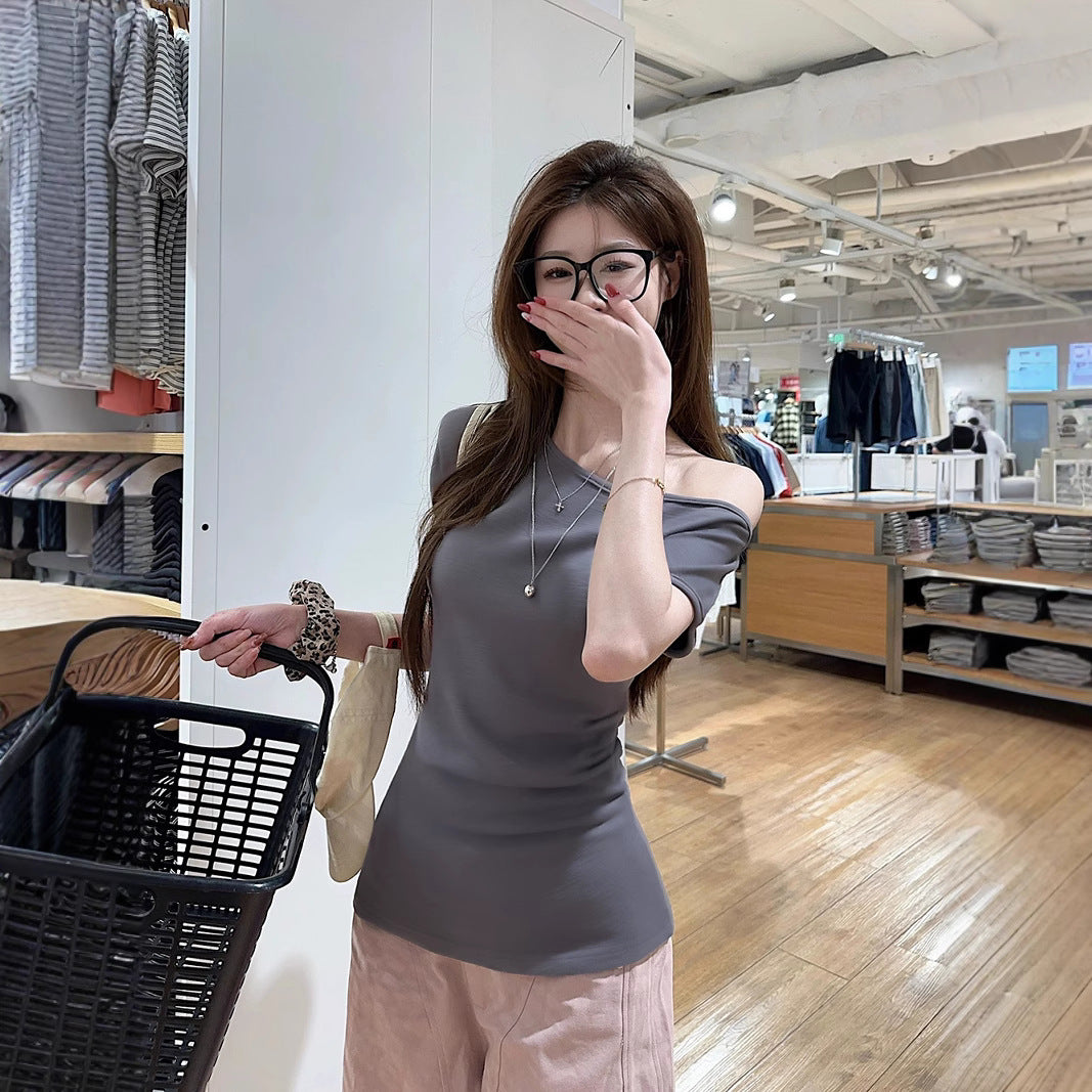 Women Off-Shoulder Short Sleeve T-Shirt - Fitted Waist Milk Silk Top Solid Color