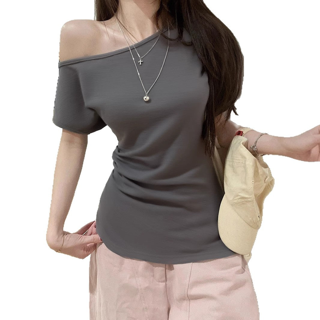 Women Off-Shoulder Short Sleeve T-Shirt - Fitted Waist Milk Silk Top Solid Color