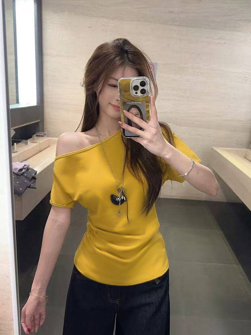 Women Off-Shoulder Short Sleeve T-Shirt - Fitted Waist Milk Silk Top Solid Color