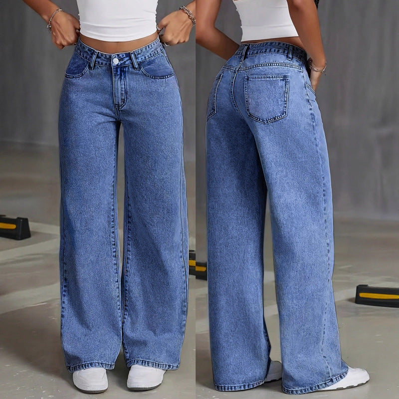 Women Straight-Leg Loose Fit Casual Pants - High Waist Cotton Trousers Black Blue Gray