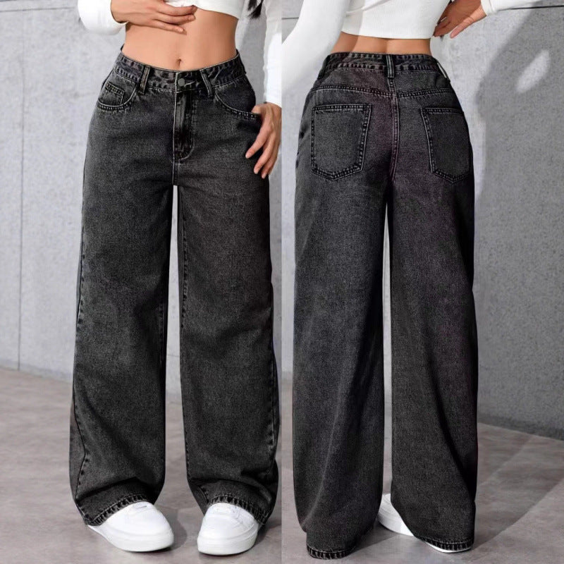 Women Straight-Leg Loose Fit Casual Pants - High Waist Cotton Trousers Black Blue Gray