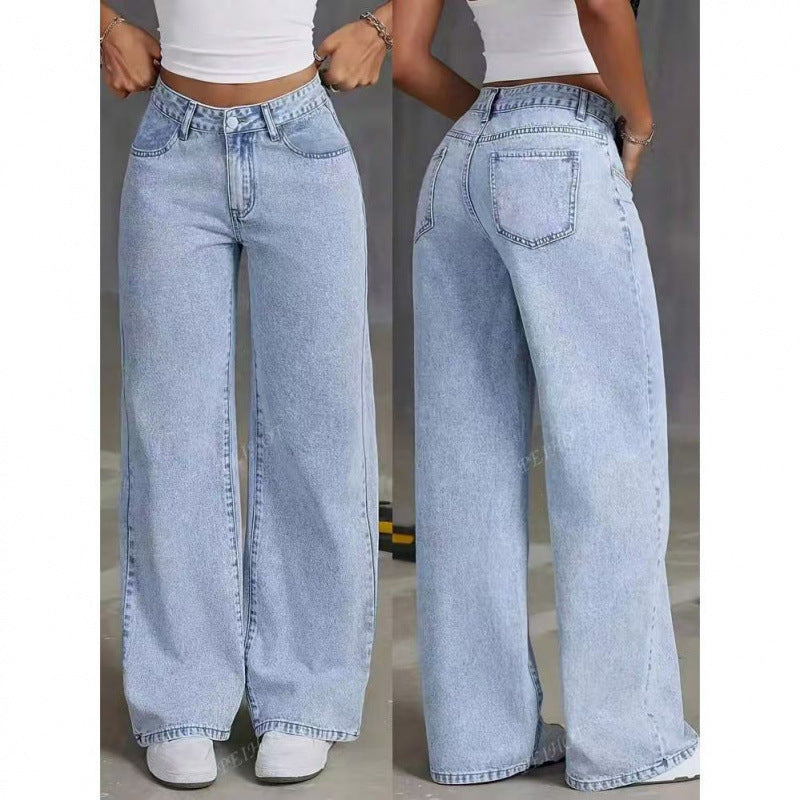 Women Straight-Leg Loose Fit Casual Pants - High Waist Cotton Trousers Black Blue Gray