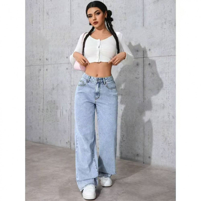 Women Straight-Leg Loose Fit Casual Pants - High Waist Cotton Trousers Black Blue Gray