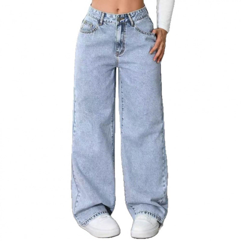 Women Straight-Leg Loose Fit Casual Pants - High Waist Cotton Trousers Black Blue Gray