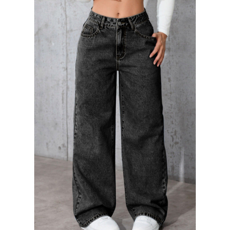 Women Straight-Leg Loose Fit Casual Pants - High Waist Cotton Trousers Black Blue Gray