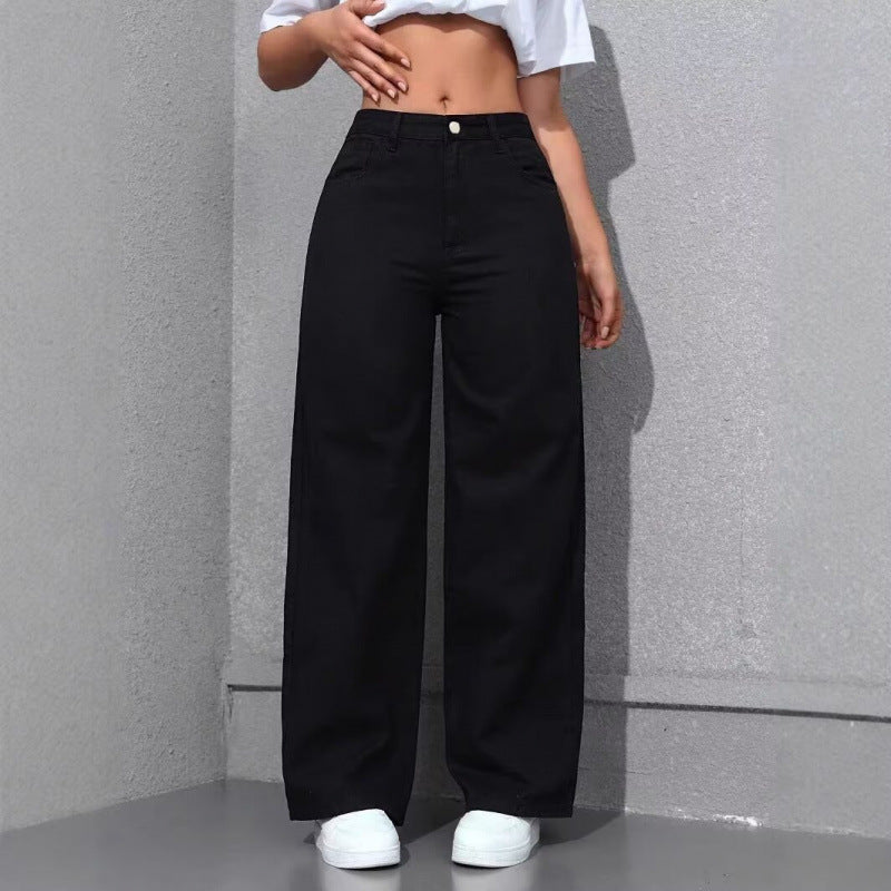 Women Straight-Leg Loose Fit Casual Pants - High Waist Cotton Trousers Black Blue Gray