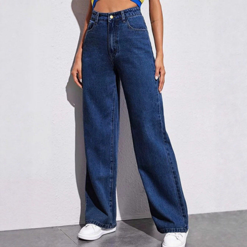 Women Straight-Leg Loose Fit Casual Pants - High Waist Cotton Trousers Black Blue Gray