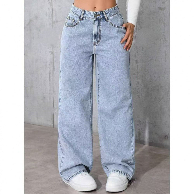 Women Straight-Leg Loose Fit Casual Pants - High Waist Cotton Trousers Black Blue Gray