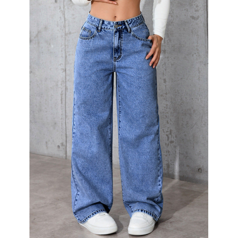 Women Straight-Leg Loose Fit Casual Pants - High Waist Cotton Trousers Black Blue Gray