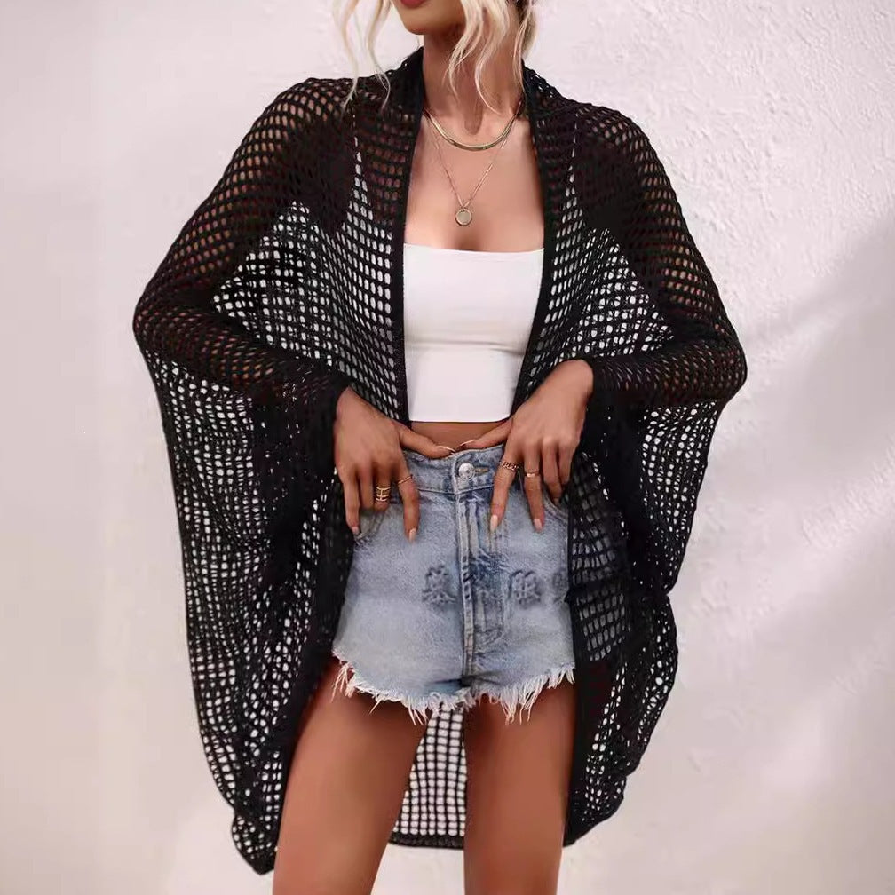 Women Vacation Shawl Openwork Hollow-Out Cardigan Sun Protective Batwing Sleeve Sunscreen Cover Up One Size