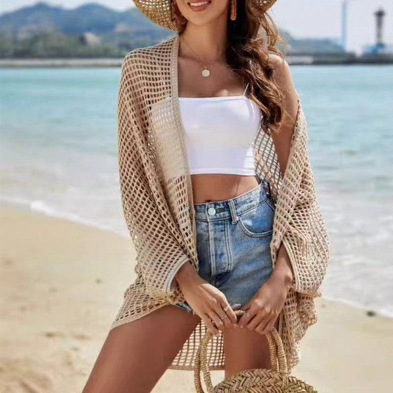 Women Vacation Shawl Openwork Hollow-Out Cardigan Sun Protective Batwing Sleeve Sunscreen Cover Up One Size
