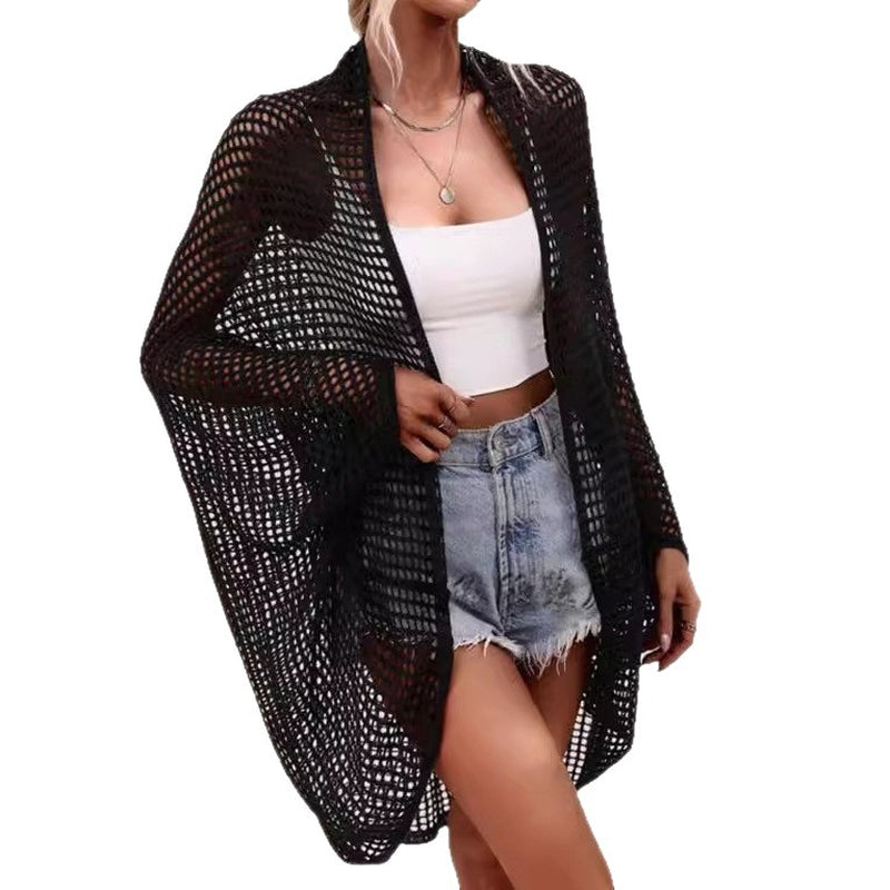 Women Vacation Shawl Openwork Hollow-Out Cardigan Sun Protective Batwing Sleeve Sunscreen Cover Up One Size