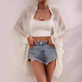 Women Vacation Shawl Openwork Hollow-Out Cardigan Sun Protective Batwing Sleeve Sunscreen Cover Up One Size