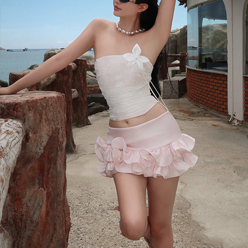 Women's Pink Floral Mesh Strapless Tube Top