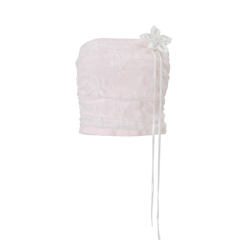 Women's Pink Floral Mesh Strapless Tube Top