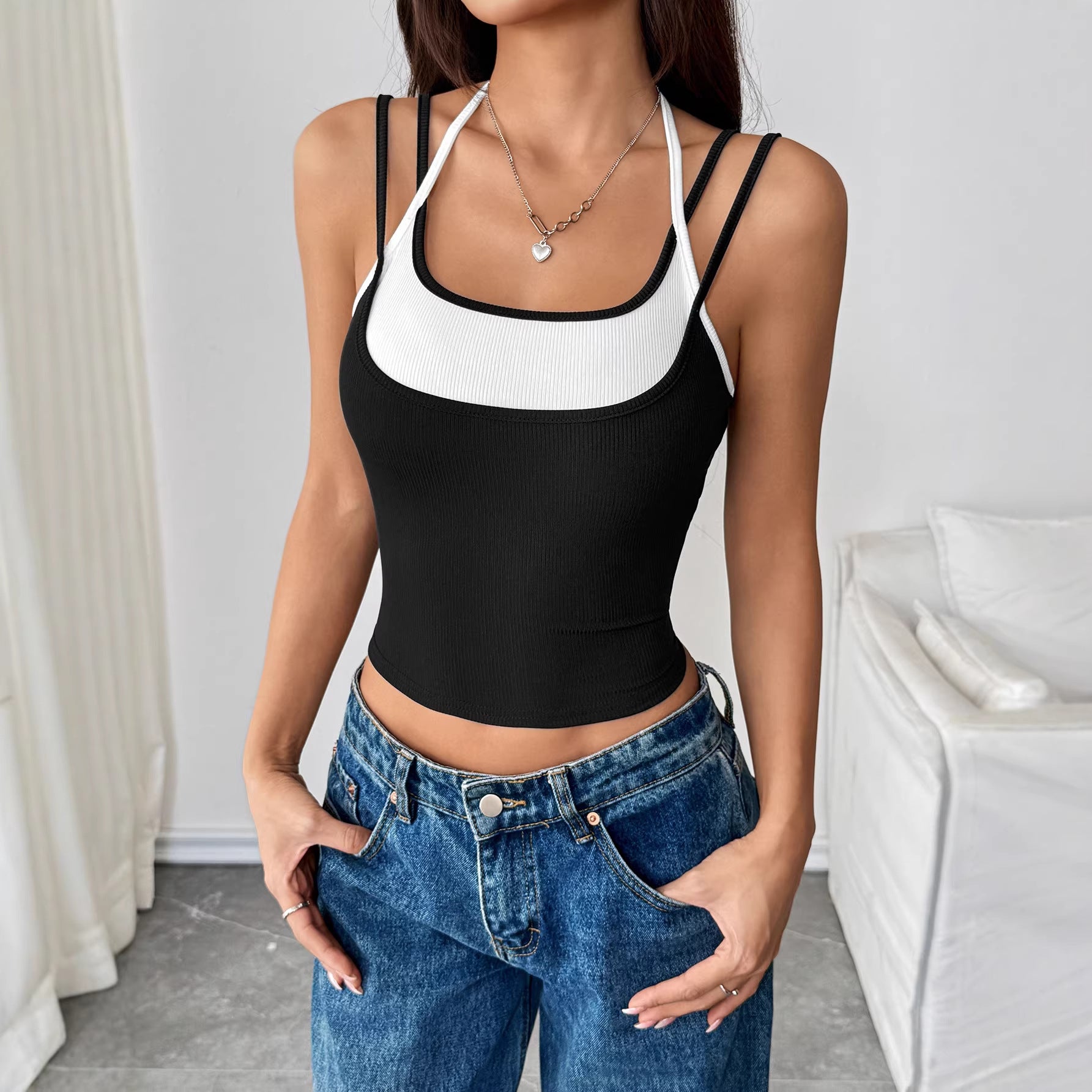 Women's Two-Tone Ribbed Sports Camisole - Color Block Slim Fit Crop Top (XS/S/M/L)