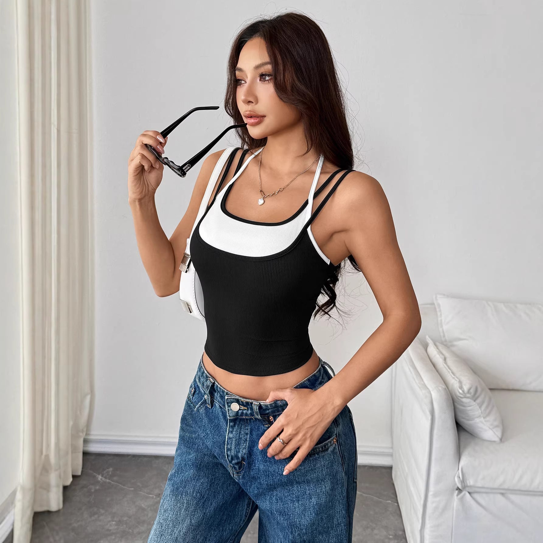 Women's Two-Tone Ribbed Sports Camisole - Color Block Slim Fit Crop Top (XS/S/M/L)