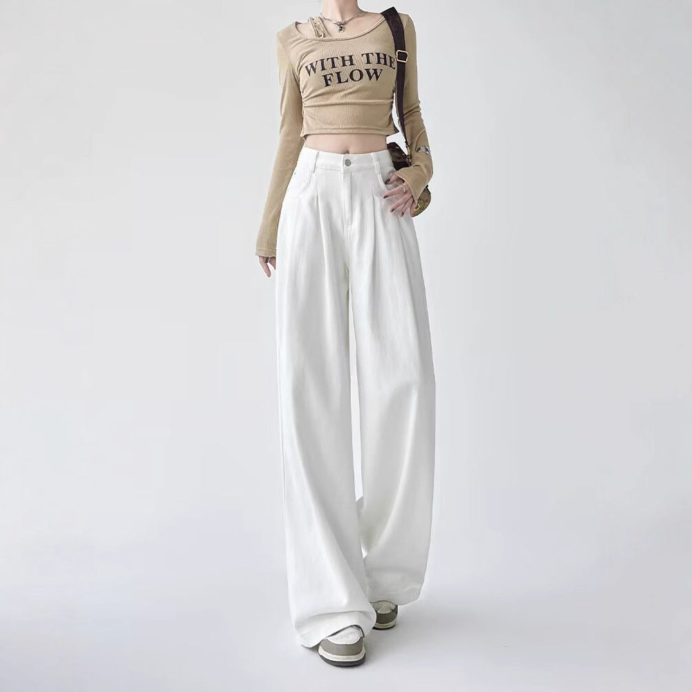 Women's White Wide Leg Straight Jeans - High Waist Thickened Denim Capri Pants Slight Stretch