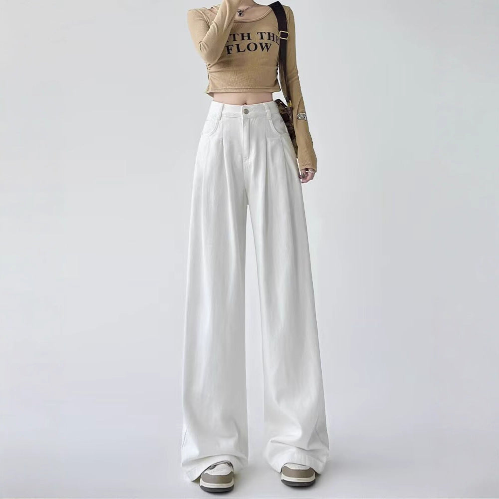 Women's White Wide Leg Straight Jeans - High Waist Thickened Denim Capri Pants Slight Stretch