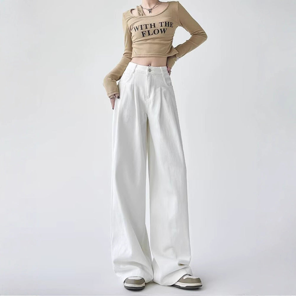 Women's White Wide Leg Straight Jeans - High Waist Thickened Denim Capri Pants Slight Stretch