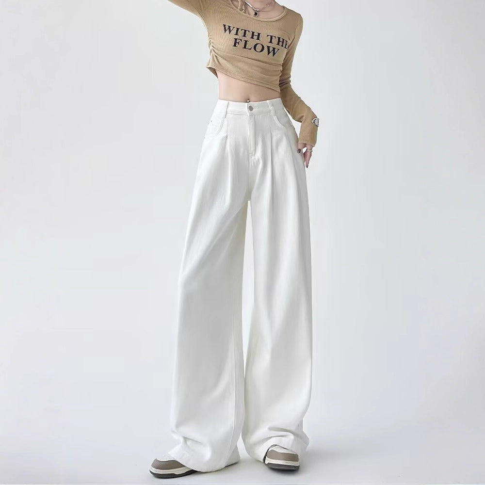 Women's White Wide Leg Straight Jeans - High Waist Thickened Denim Capri Pants Slight Stretch