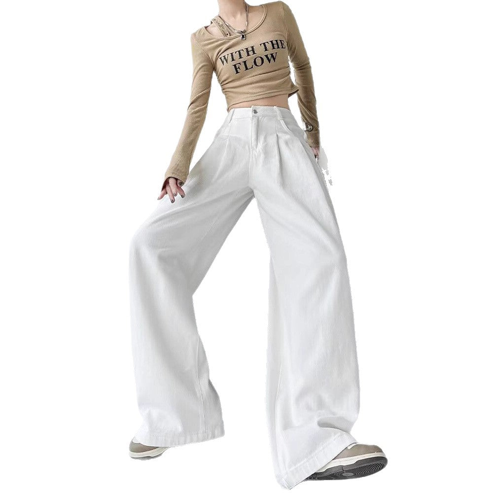 Women's White Wide Leg Straight Jeans - High Waist Thickened Denim Capri Pants Slight Stretch