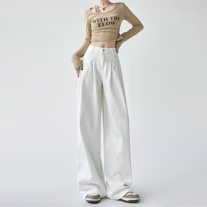 Women's White Wide Leg Straight Jeans - High Waist Thickened Denim Capri Pants Slight Stretch
